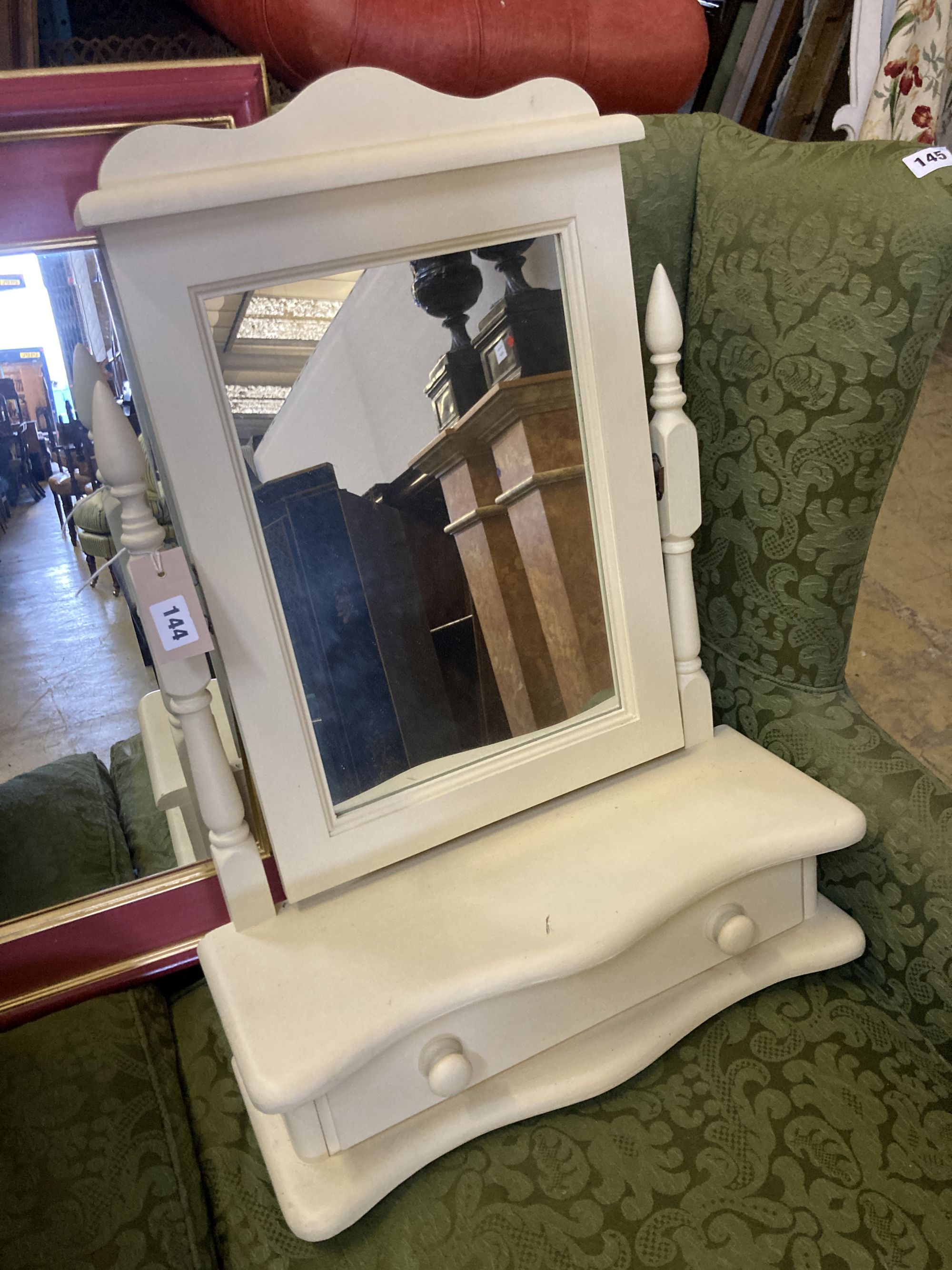 A late Victorian mahogany salon chair, a painted toilet mirror and a rectangular wall mirror